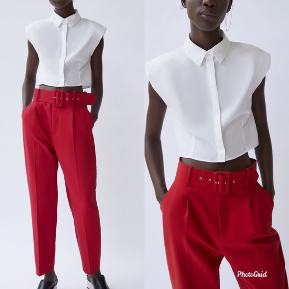 NWT ZARA BELTED HIGH WAISTED PANTS RED - Picture 13 of 16